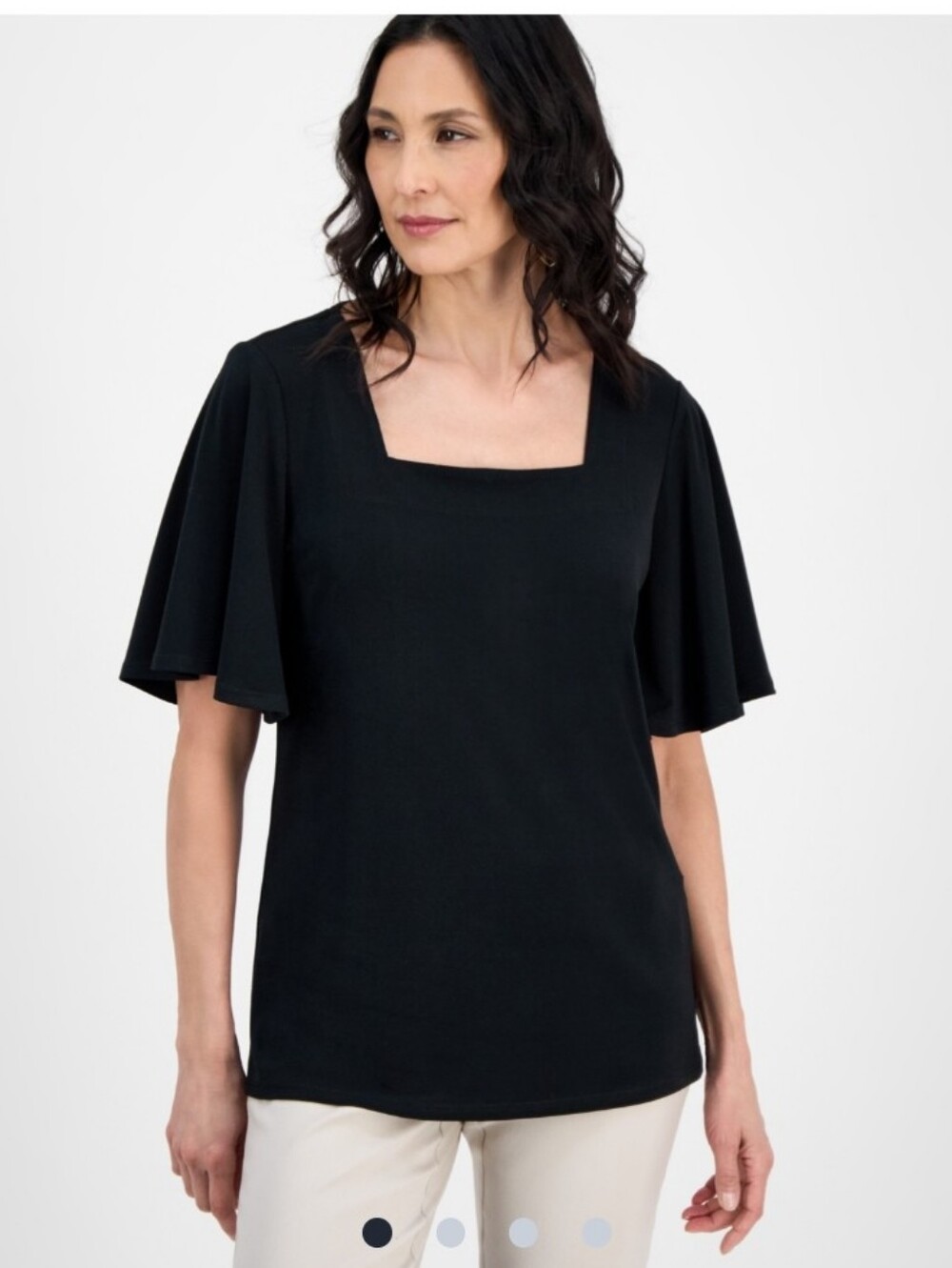 JM Collection Black Square-Neck Flutter Sleeve Crepe Top